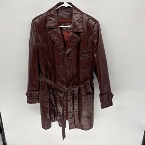 Vintage 70s Etienne Aigner Leather Blazer Jacket Maroon Belted Chore Women 14